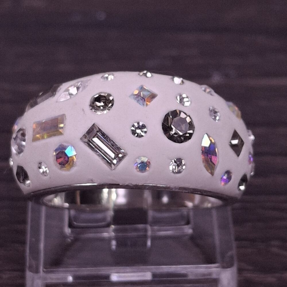925 Sterling Silver White Enamel Multi Shape Crystal Dome Ring Size 7